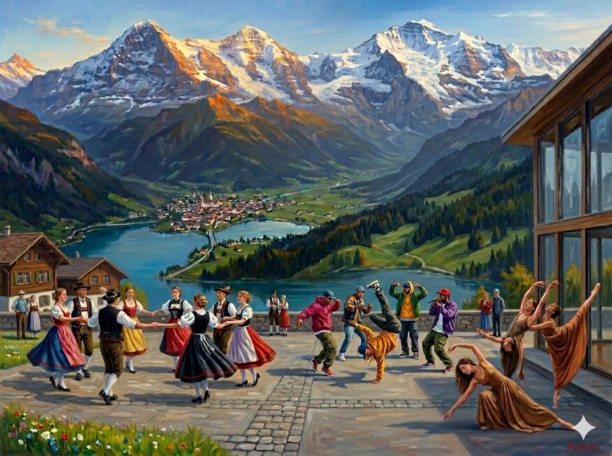 Volkstanz und Tänzer:innen vor Eiger, Mönch und Jungfrau